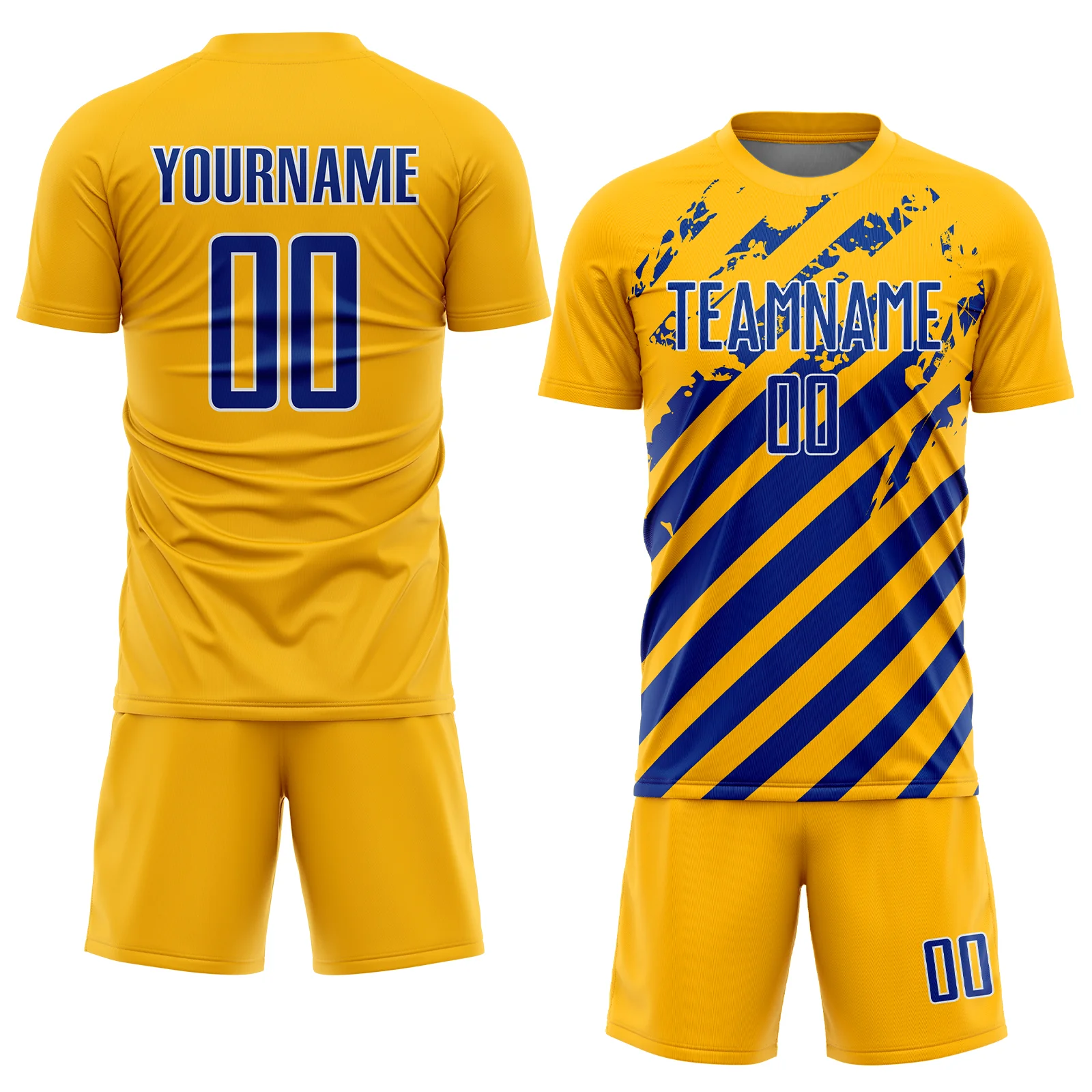 Custom Gold Royal-White Distressed Diagonal Stripe Pattern Sports Sublimation Soccer Uniform Jersey - Image 2