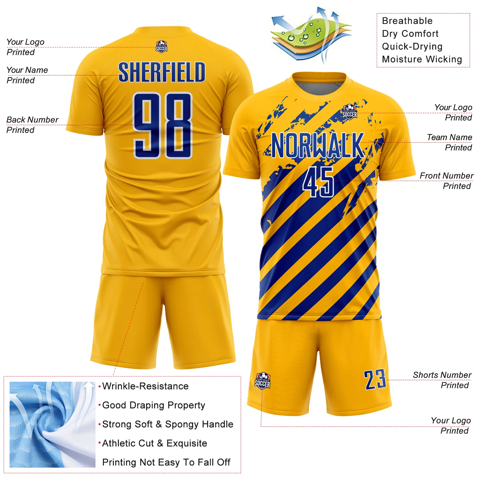 Custom Gold Royal-White Distressed Diagonal Stripe Pattern Sports Sublimation Soccer Uniform Jersey - Image 4