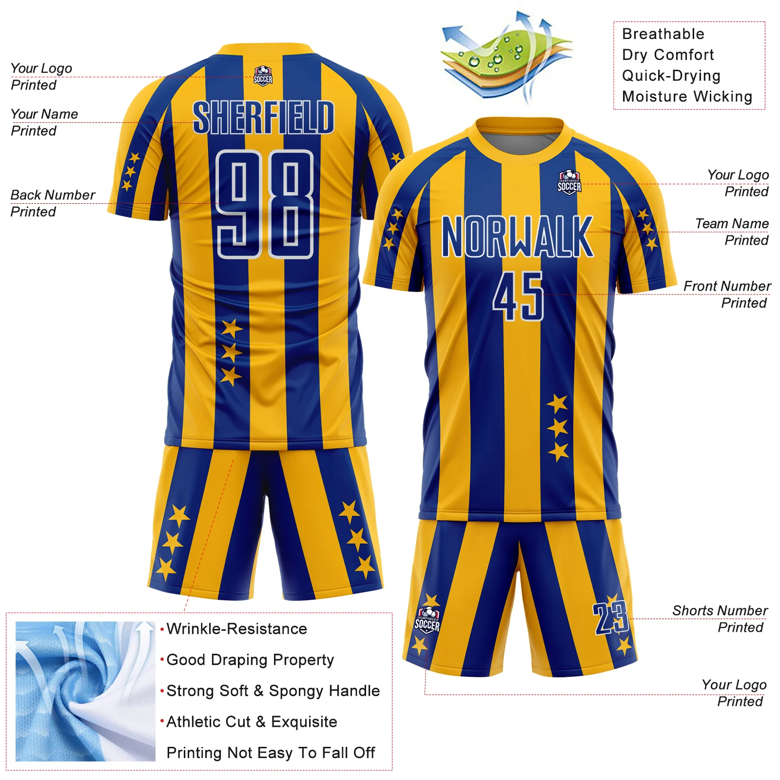 Custom Gold Royal-White Stars And Stripes Sports Sublimation Soccer Uniform Jersey - Image 4