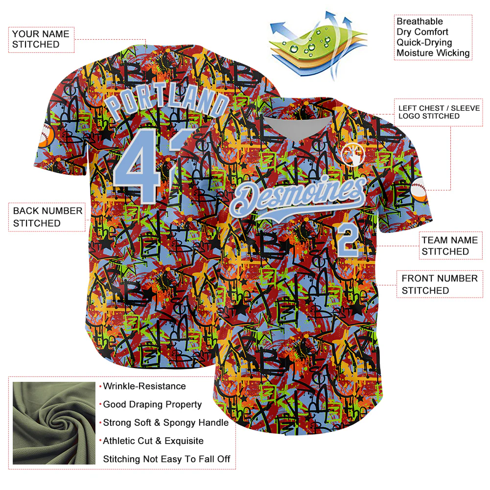 Custom Graffiti Pattern Light Blue-White Splatter Authentic Baseball Jersey - Image 3