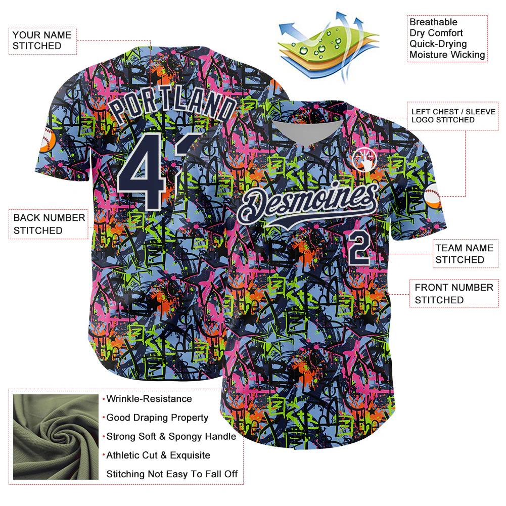 Custom Graffiti Pattern Navy-White Splatter Authentic Baseball Jersey - Image 3