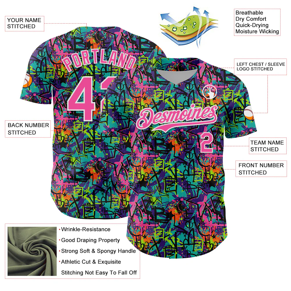 Custom Graffiti Pattern Pink-White Splatter Authentic Baseball Jersey - Image 3