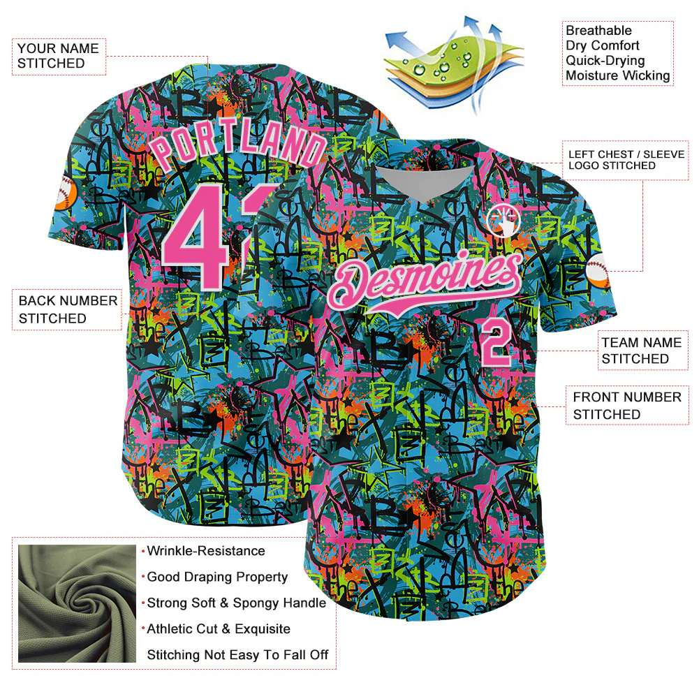 Custom Graffiti Pattern Pink-White Splatter Authentic Baseball Jersey - Image 3