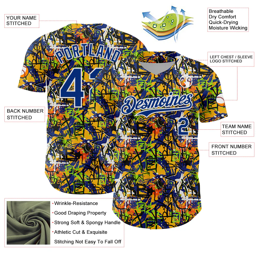 Custom Graffiti Pattern Royal-White Splatter Authentic Baseball Jersey - Image 3