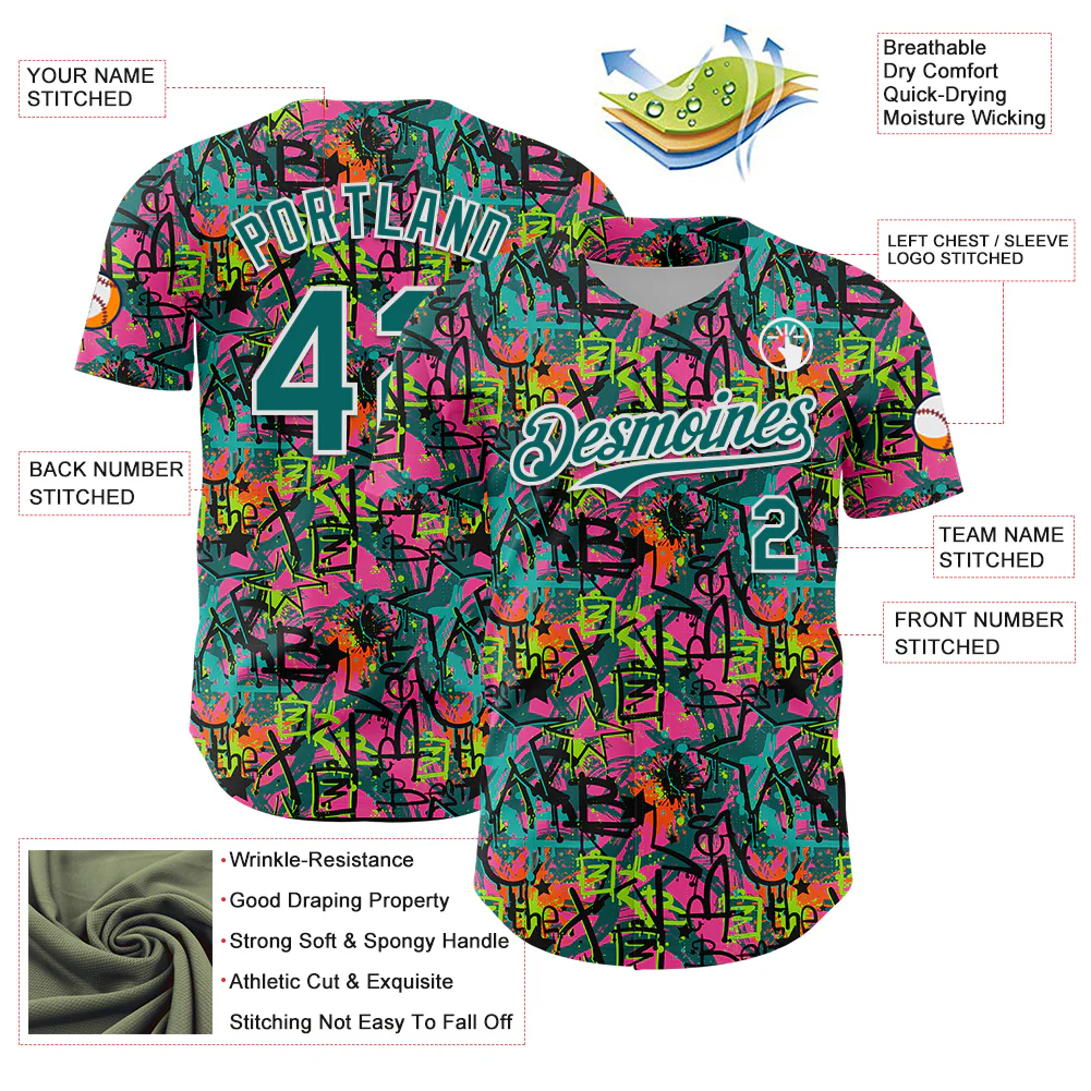 Custom Graffiti Pattern Teal-White Splatter Authentic Baseball Jersey - Image 3