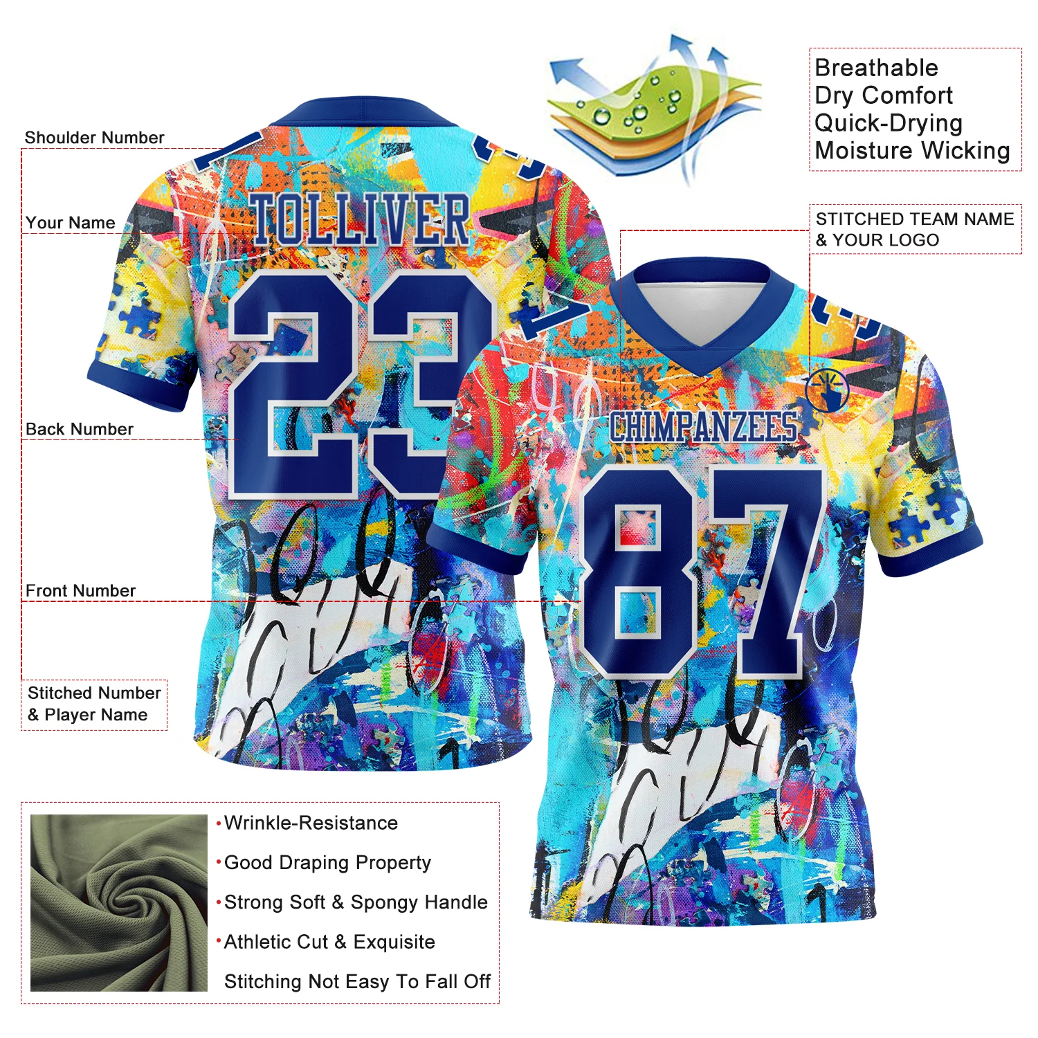 Custom Graffiti Pattern Royal-White 3D Pattern Authentic Football Jersey - Image 3