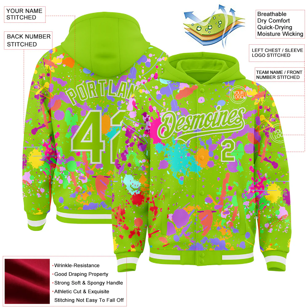Custom Graffiti Pattern Neon Green-White Splash Bomber Full-Snap Varsity Letterman Hoodie Jacket - Image 4