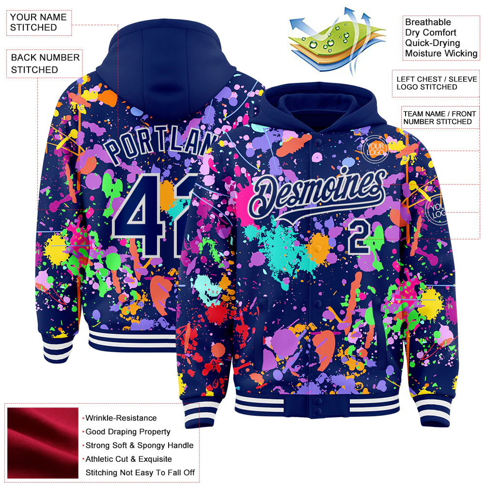 Custom Graffiti Pattern Royal-White Splash Bomber Full-Snap Varsity Letterman Hoodie Jacket - Image 4