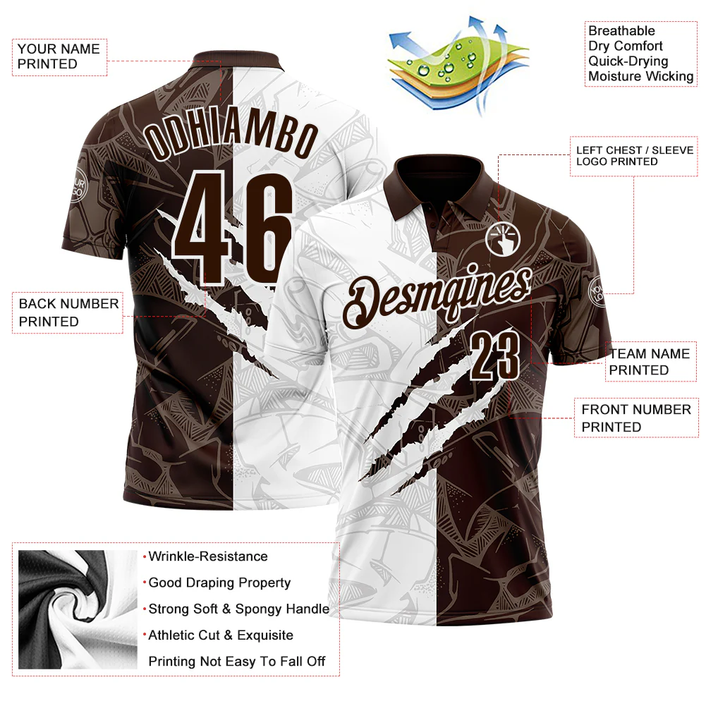Custom Graffiti Pattern Brown-White 3D Scratch Performance Polo Shirt - Image 3