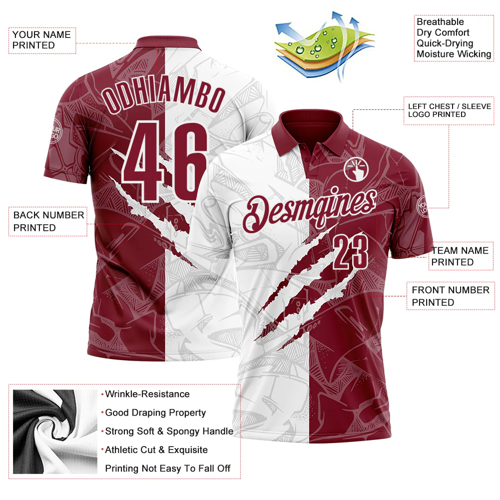 Custom Graffiti Pattern Crimson-White 3D Scratch Performance Polo Shirt - Image 3
