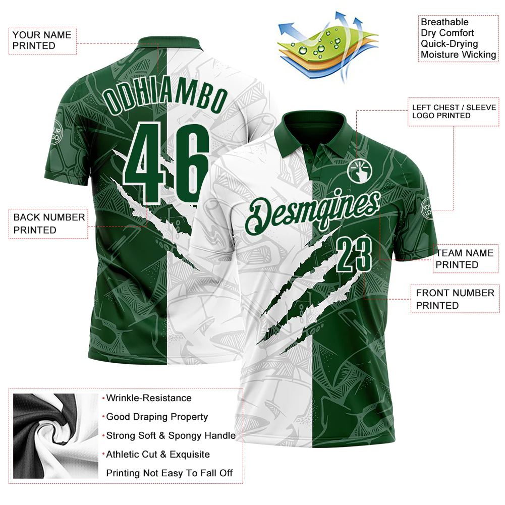 Custom Graffiti Pattern Green-White 3D Scratch Performance Polo Shirt - Image 3