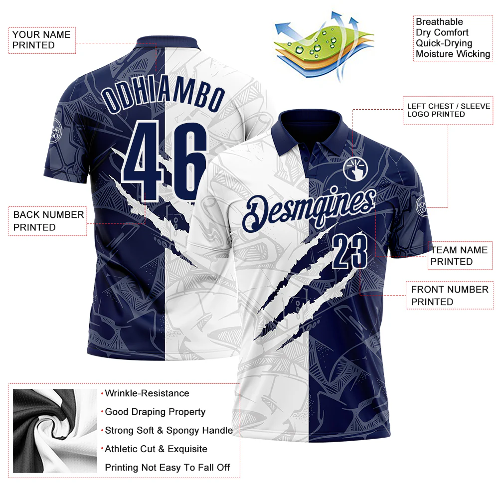 Custom Graffiti Pattern Navy-White 3D Scratch Performance Polo Shirt - Image 3