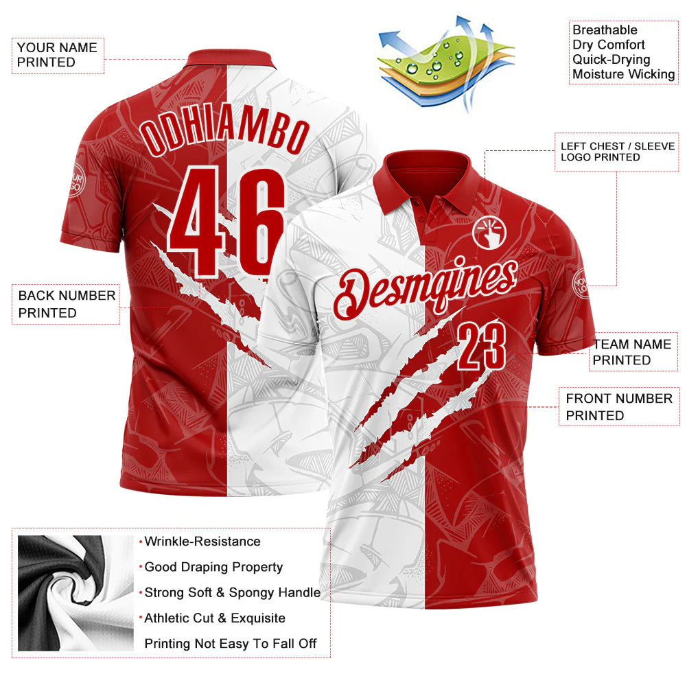 Custom Graffiti Pattern Red-White 3D Scratch Performance Polo Shirt - Image 3