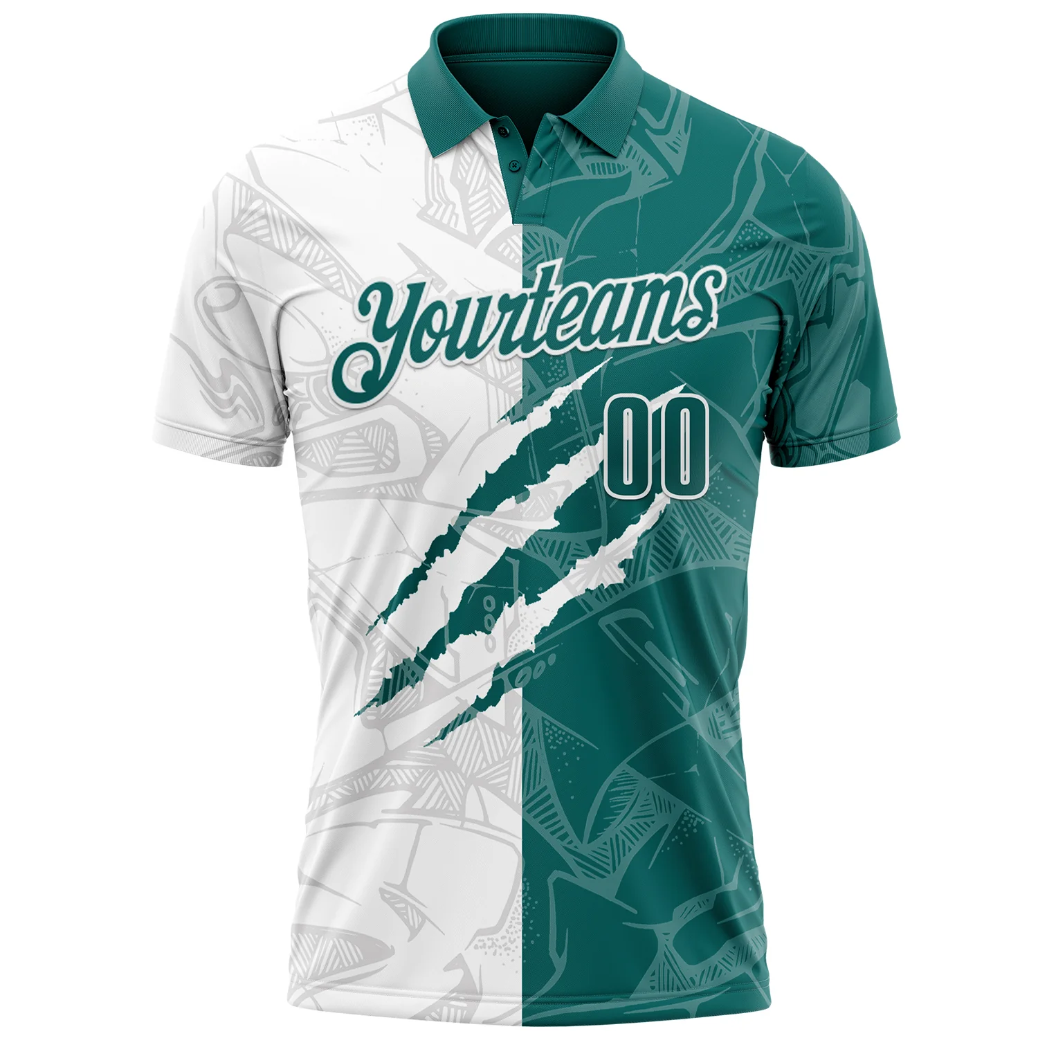 Custom Graffiti Pattern Teal-White 3D Scratch Performance Polo Shirt - Image 2