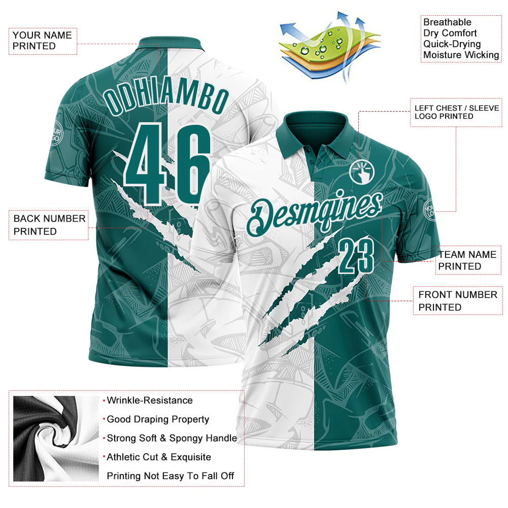 Custom Graffiti Pattern Teal-White 3D Scratch Performance Polo Shirt - Image 3