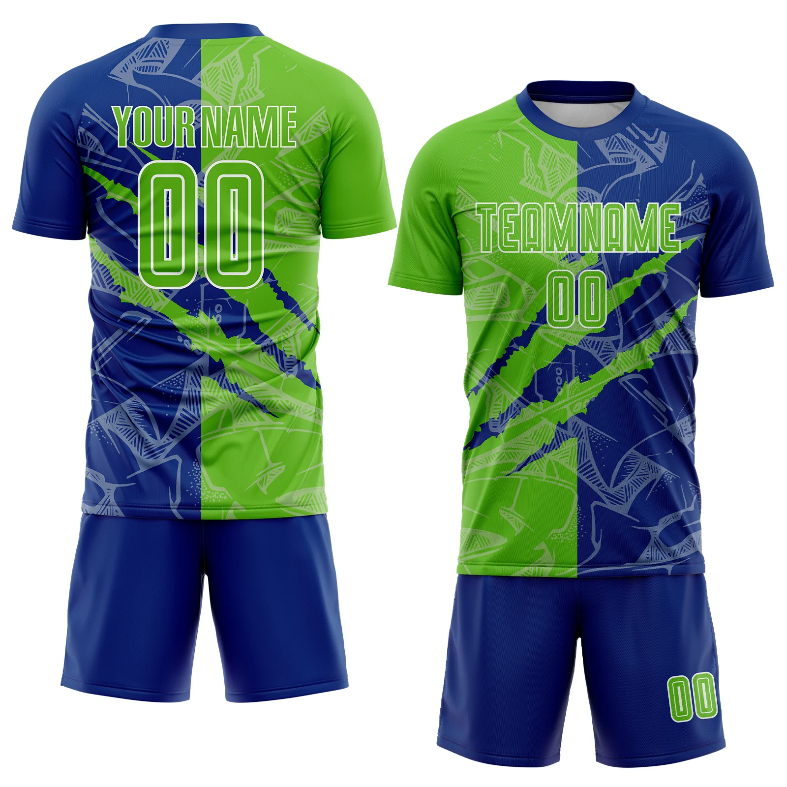 Custom Graffiti Pattern Aurora Green-Royal Scratch Sublimation Soccer Uniform Jersey - Image 2