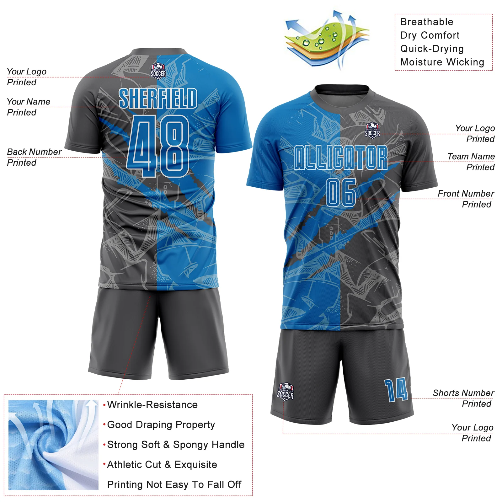 Custom Graffiti Pattern Blue-Steel Gray Scratch Sublimation Soccer Uniform Jersey - Image 4