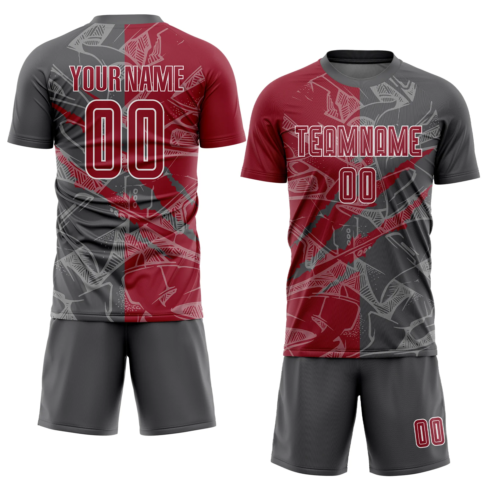 Custom Graffiti Pattern Cardinal-Steel Gray Scratch Sublimation Soccer Uniform Jersey - Image 2