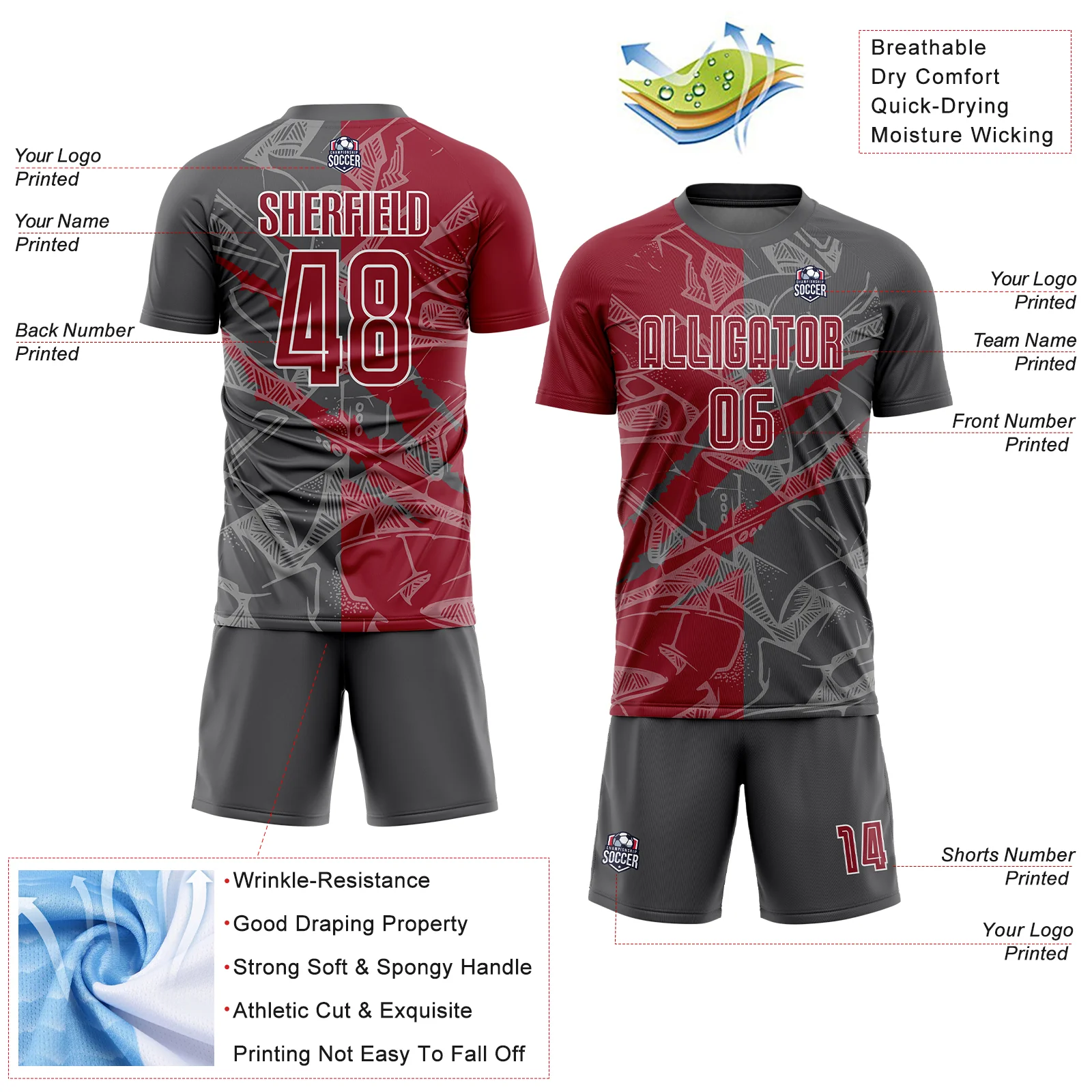 Custom Graffiti Pattern Cardinal-Steel Gray Scratch Sublimation Soccer Uniform Jersey - Image 4