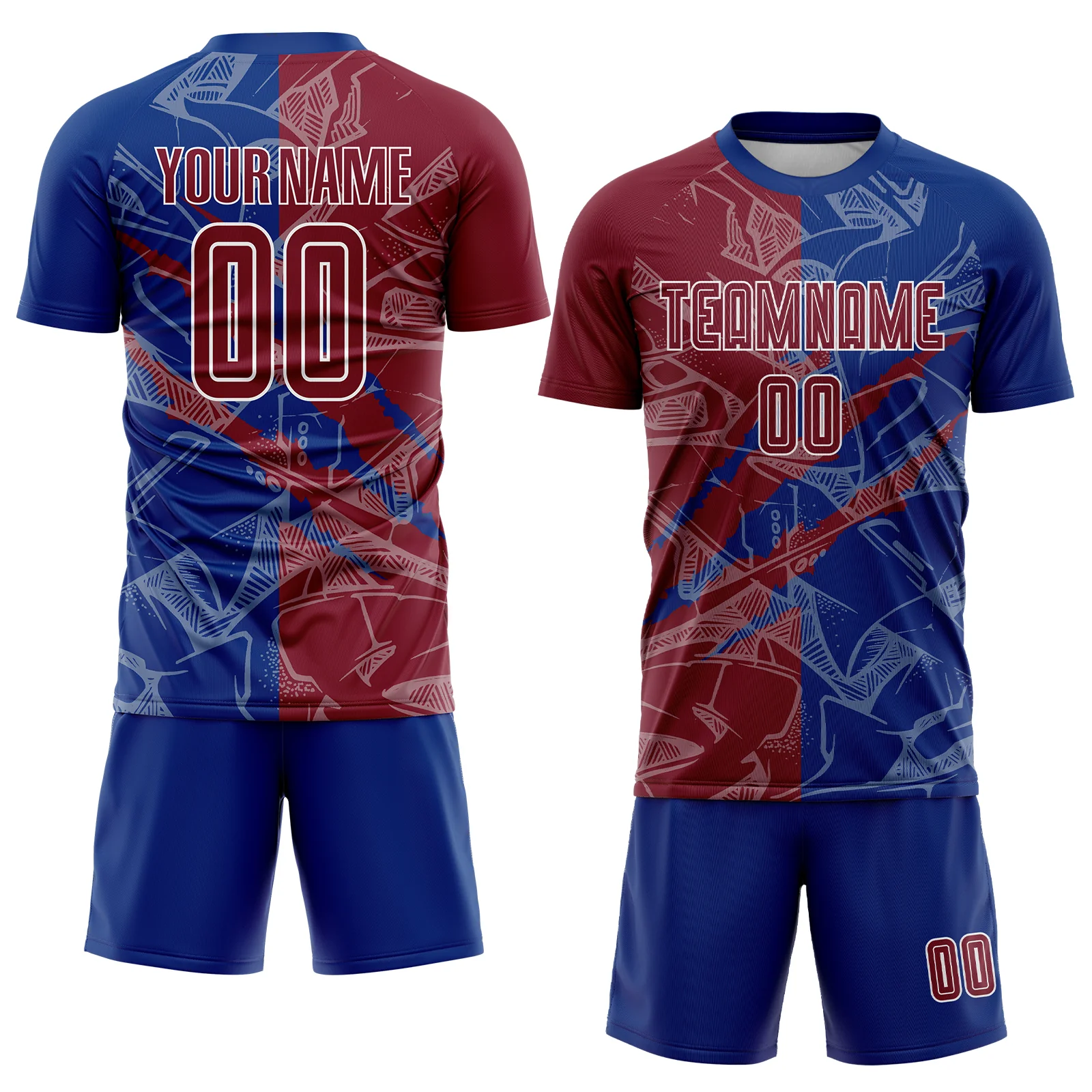 Custom Graffiti Pattern Crimson-Royal Scratch Sublimation Soccer Uniform Jersey - Image 2