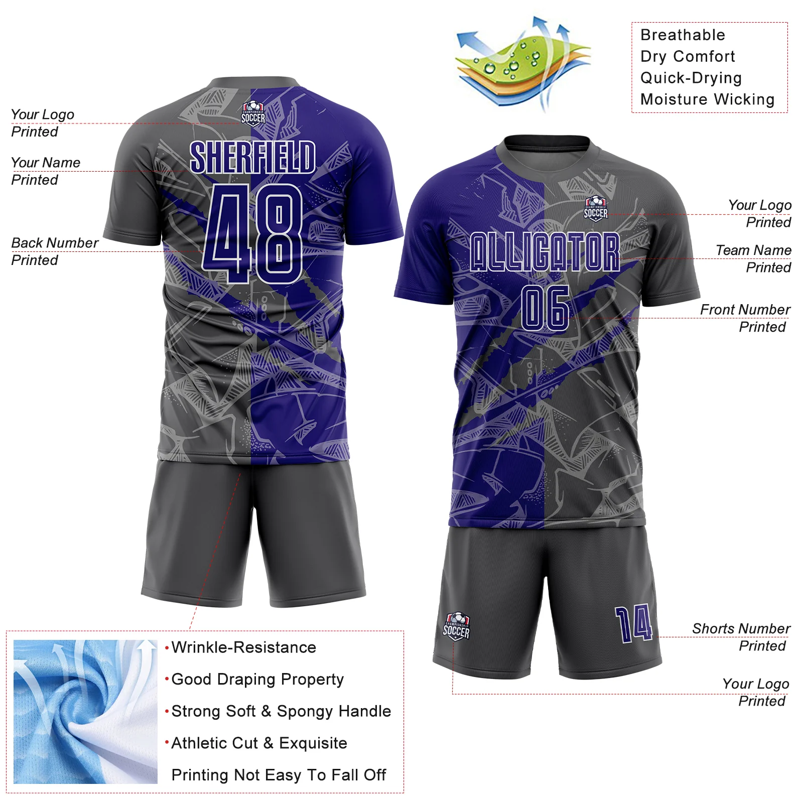 Custom Graffiti Pattern Dark Purple-Steel Gray Scratch Sublimation Soccer Uniform Jersey - Image 4