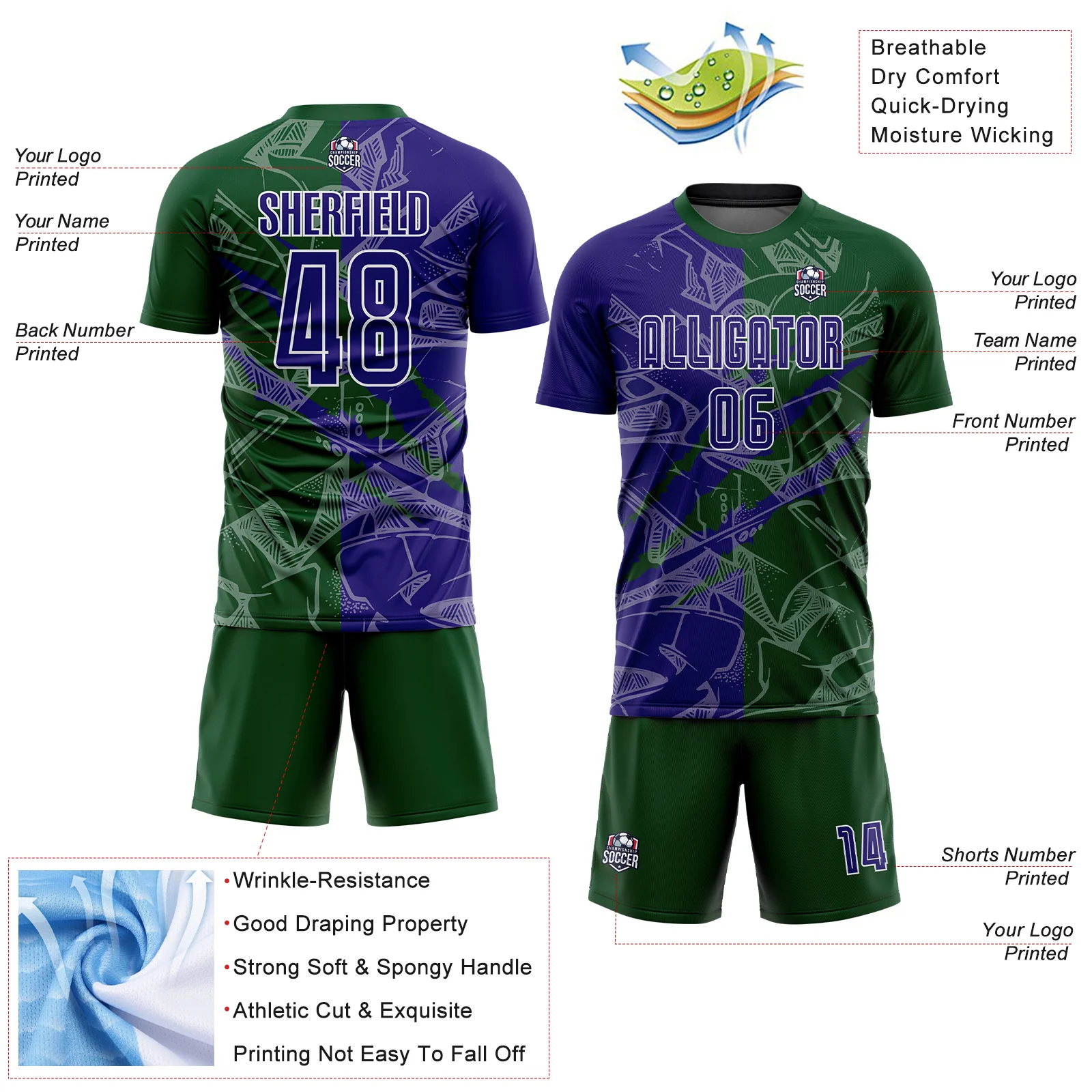 Custom Graffiti Pattern Dark Purple-Green Scratch Sublimation Soccer Uniform Jersey - Image 4