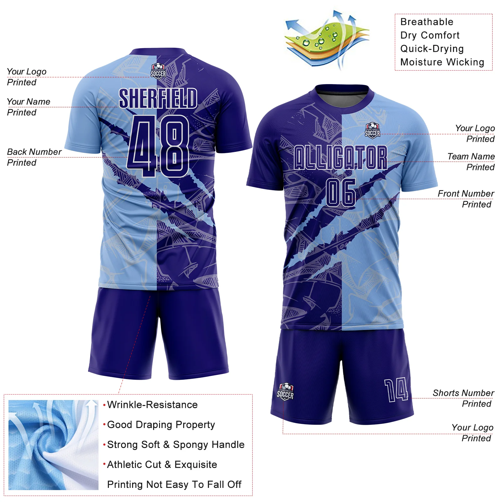 Custom Graffiti Pattern Dark Purple-Light Blue Scratch Sublimation Soccer Uniform Jersey - Image 4