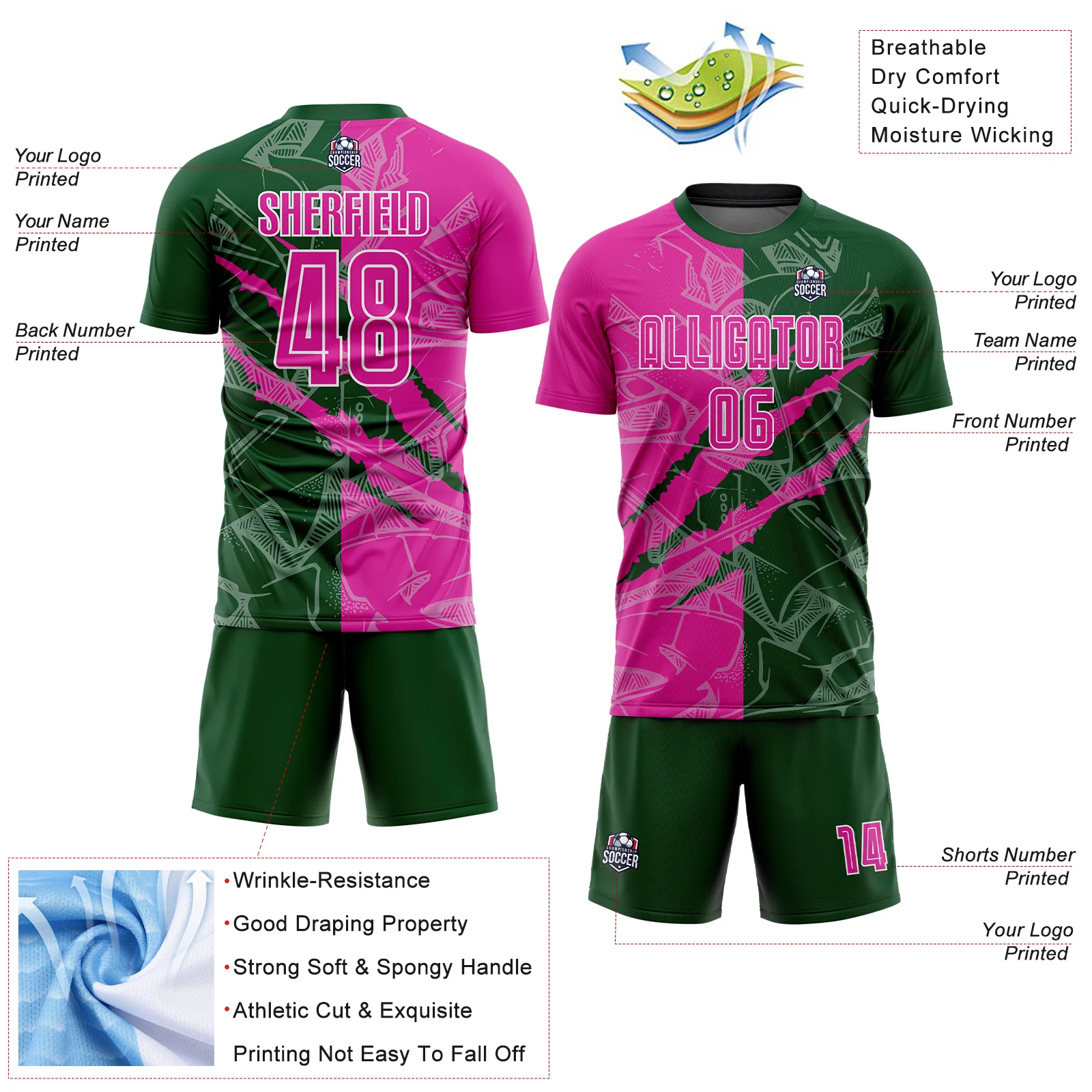 Custom Graffiti Pattern Deep Pink-Green Scratch Sublimation Soccer Uniform Jersey - Image 4