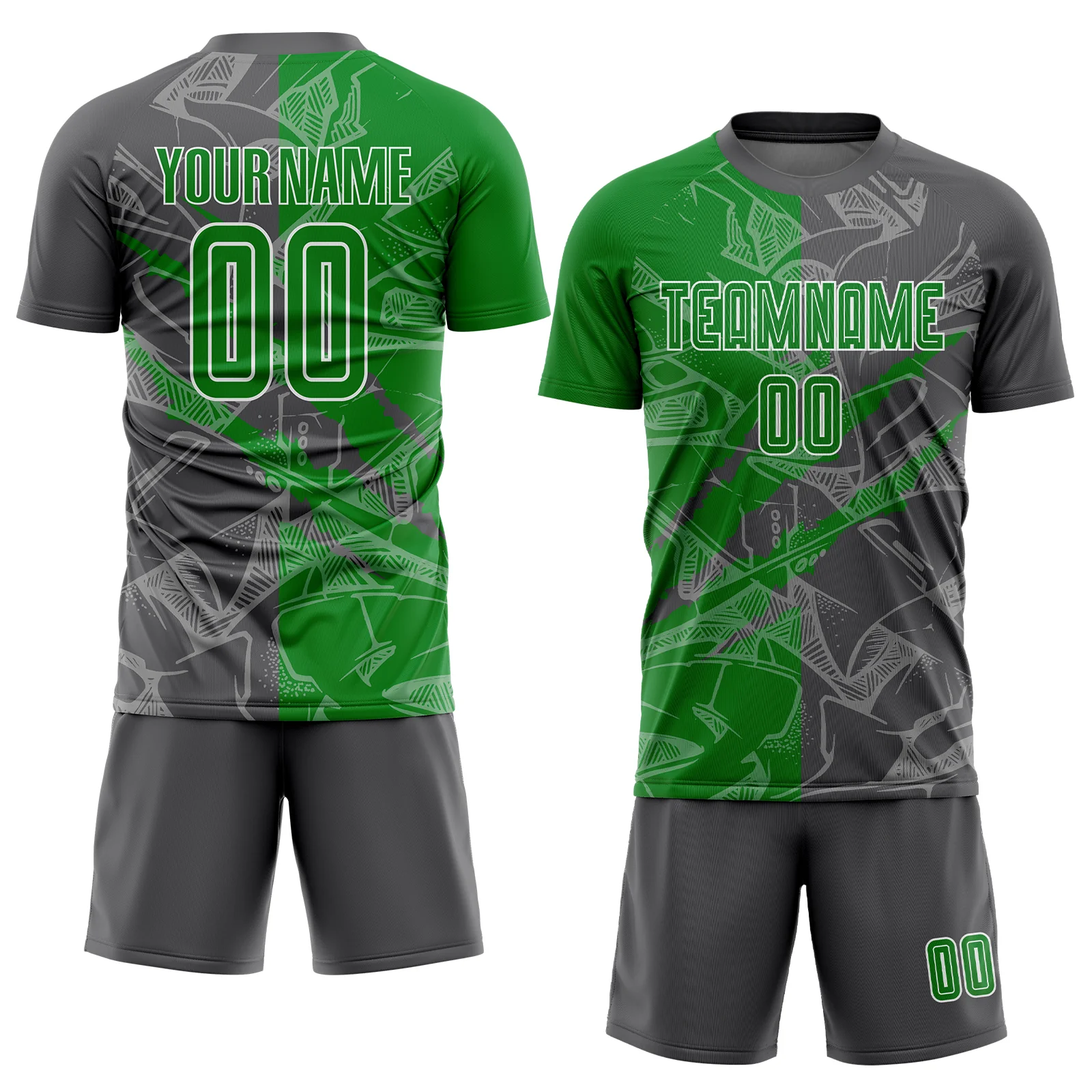 Custom Graffiti Pattern Grass Green-Steel Gray Scratch Sublimation Soccer Uniform Jersey - Image 2