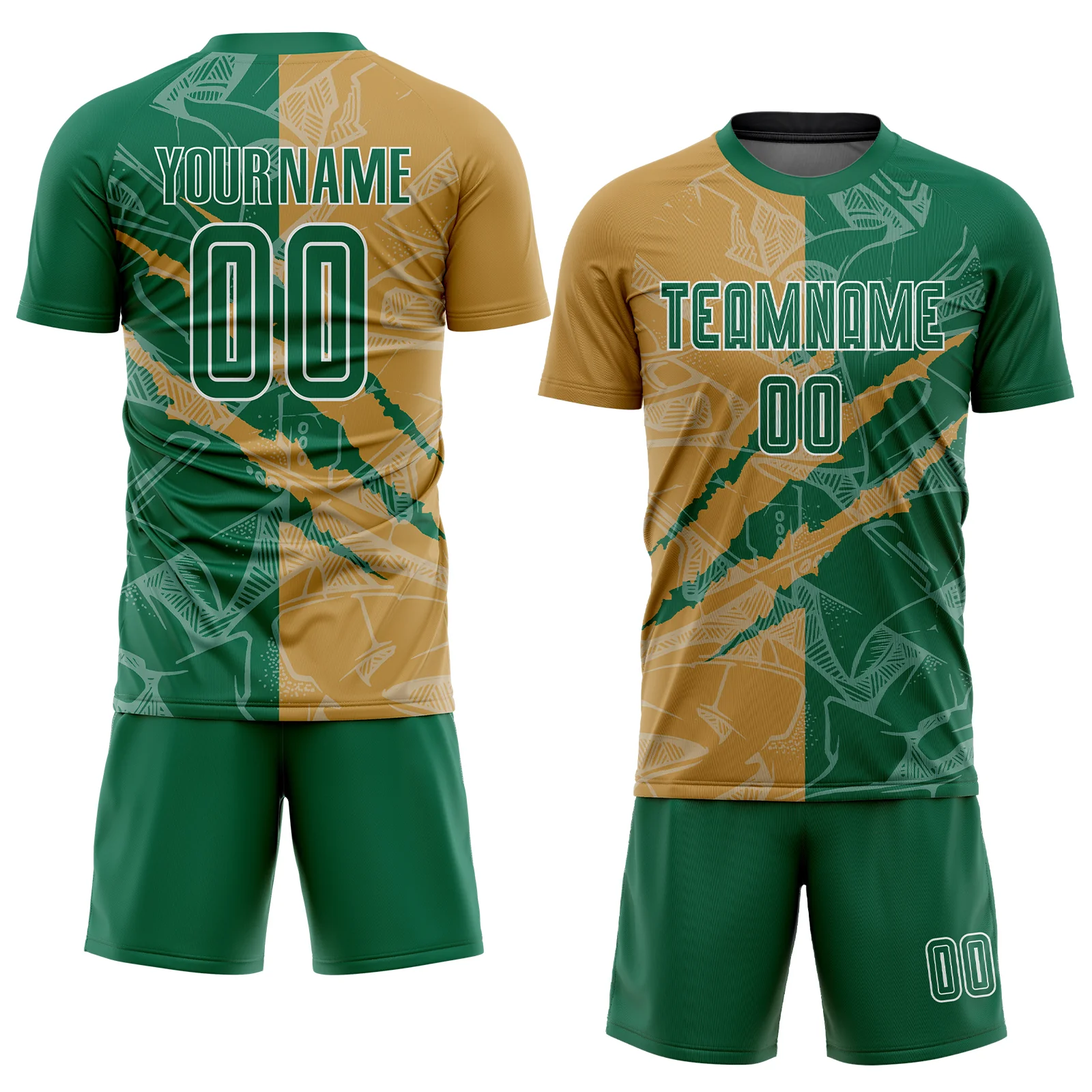 Custom Graffiti Pattern Kelly Green-Old Gold Scratch Sublimation Soccer Uniform Jersey - Image 2