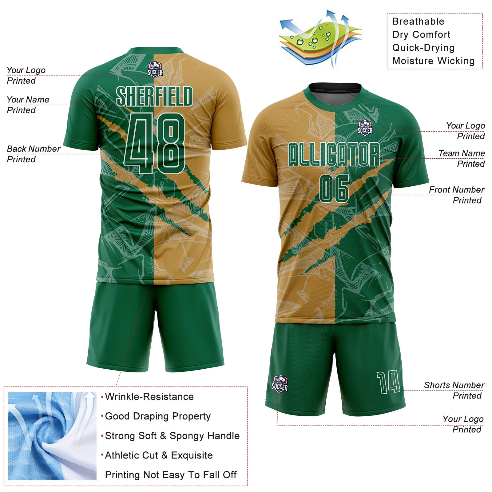 Custom Graffiti Pattern Kelly Green-Old Gold Scratch Sublimation Soccer Uniform Jersey - Image 4