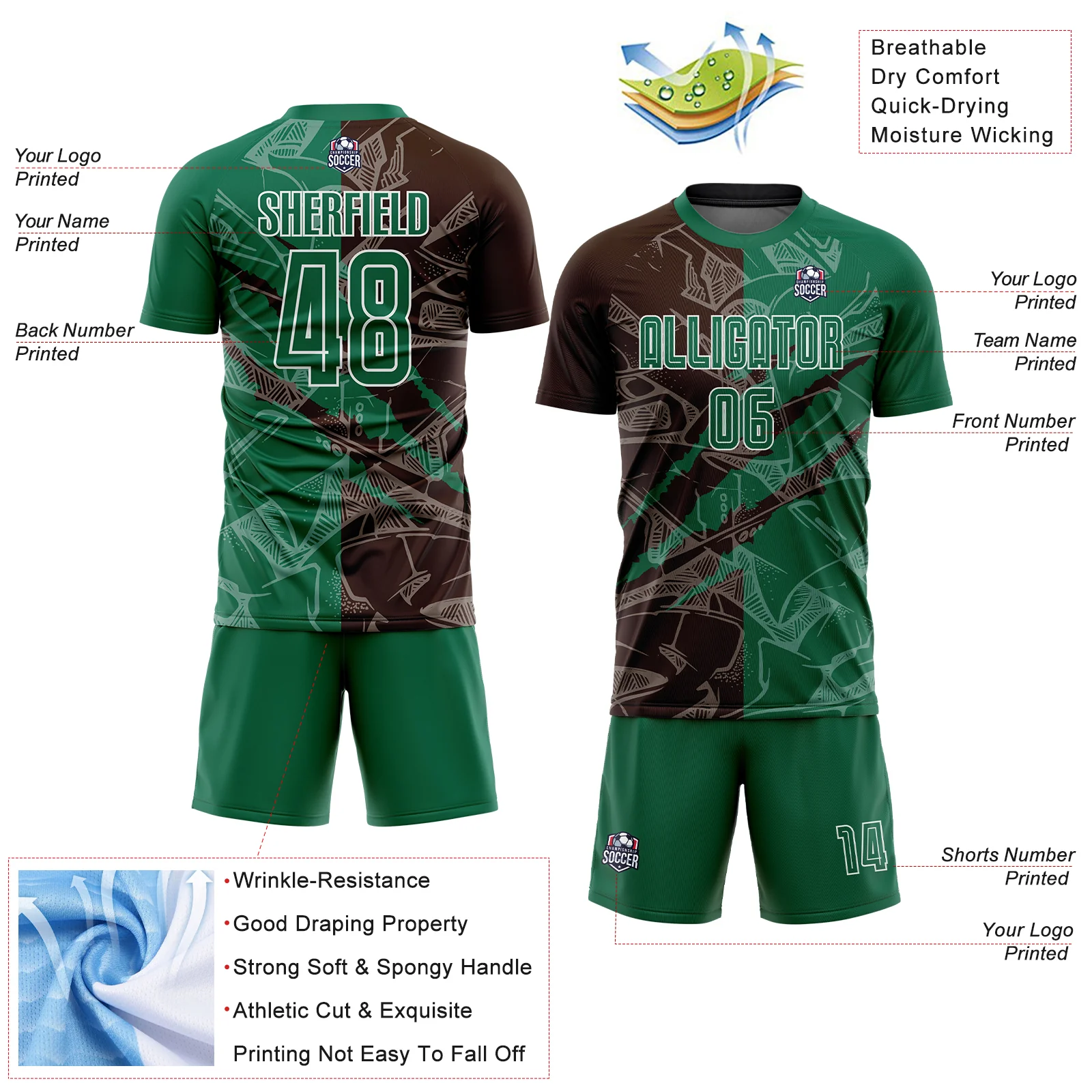 Custom Graffiti Pattern Kelly Green-Brown Scratch Sublimation Soccer Uniform Jersey - Image 4