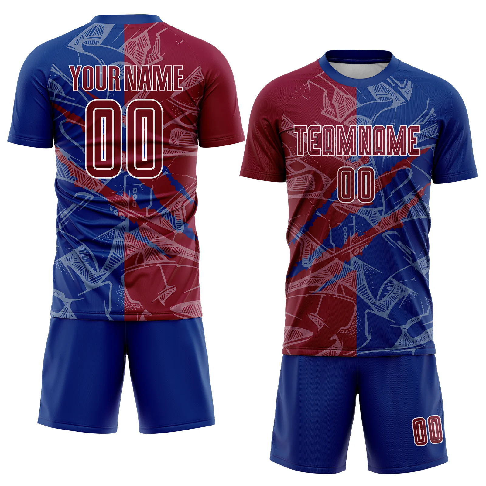 Custom Graffiti Pattern Maroon-Royal Scratch Sublimation Soccer Uniform Jersey - Image 2