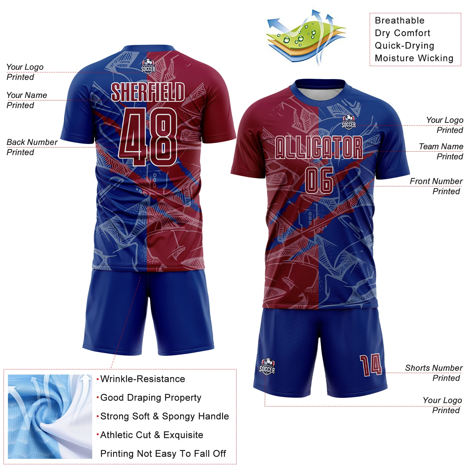 Custom Graffiti Pattern Maroon-Royal Scratch Sublimation Soccer Uniform Jersey - Image 4