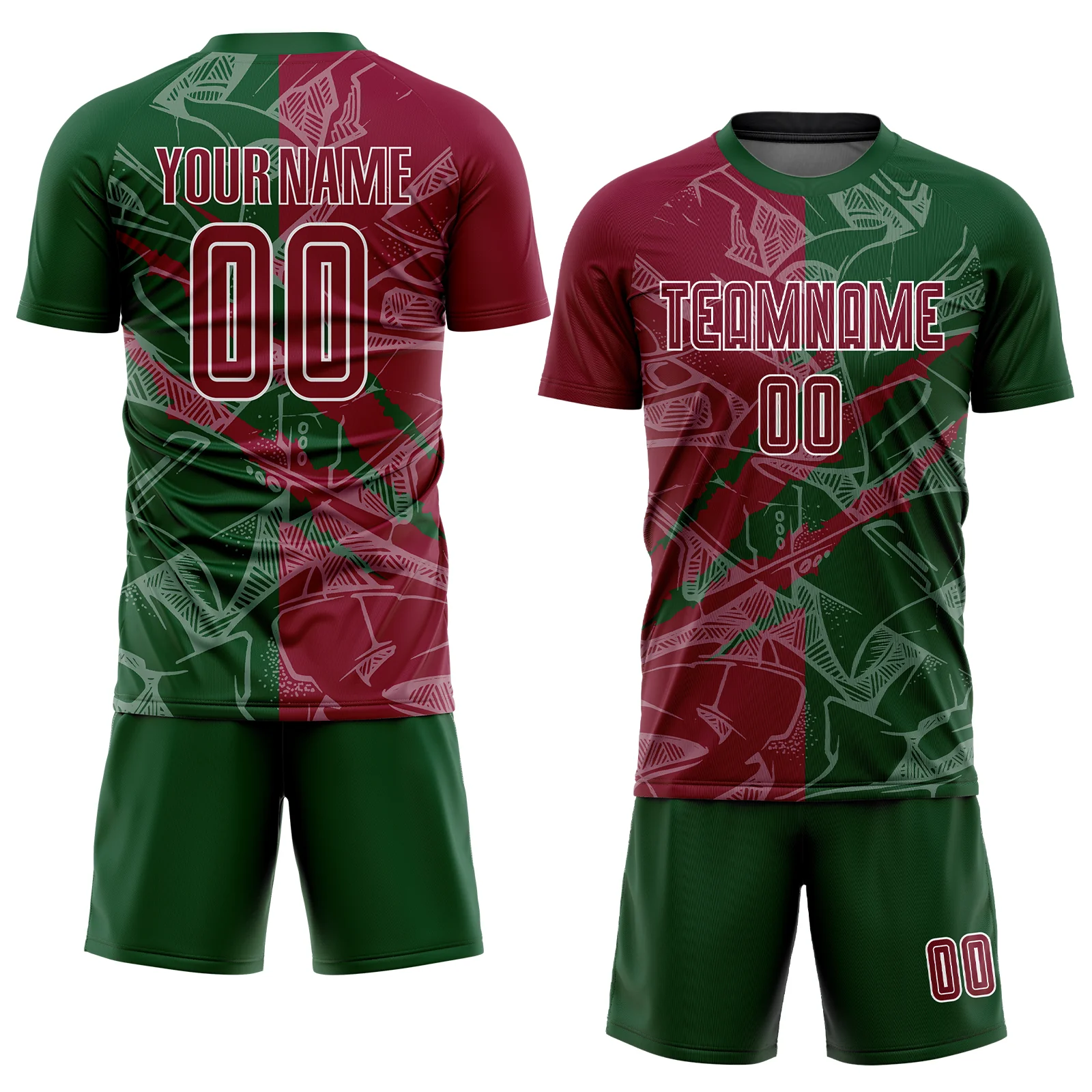 Custom Graffiti Pattern Maroon-Green Scratch Sublimation Soccer Uniform Jersey - Image 2