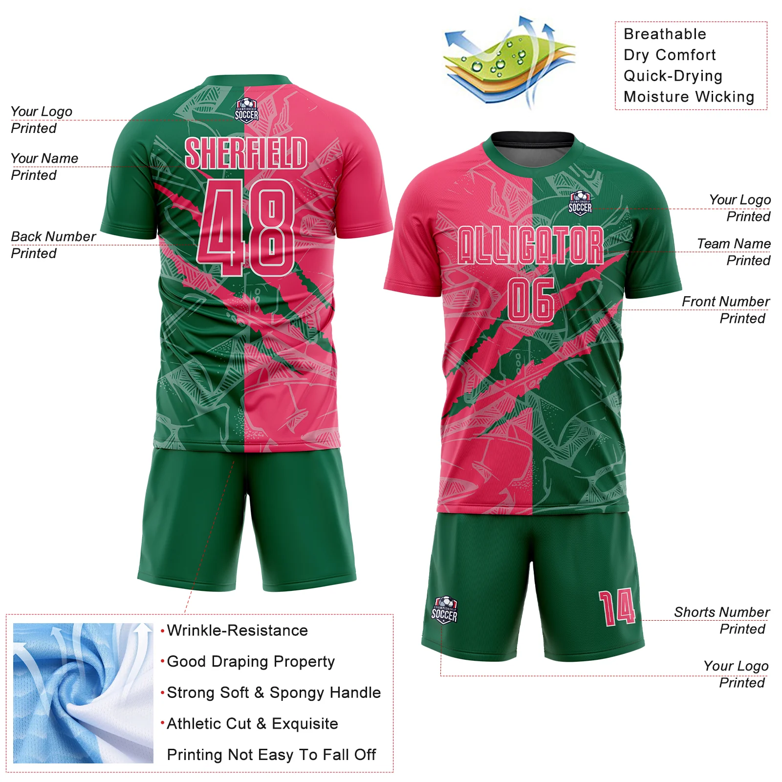 Custom Graffiti Pattern Neon Pink-Kelly Green Scratch Sublimation Soccer Uniform Jersey - Image 4