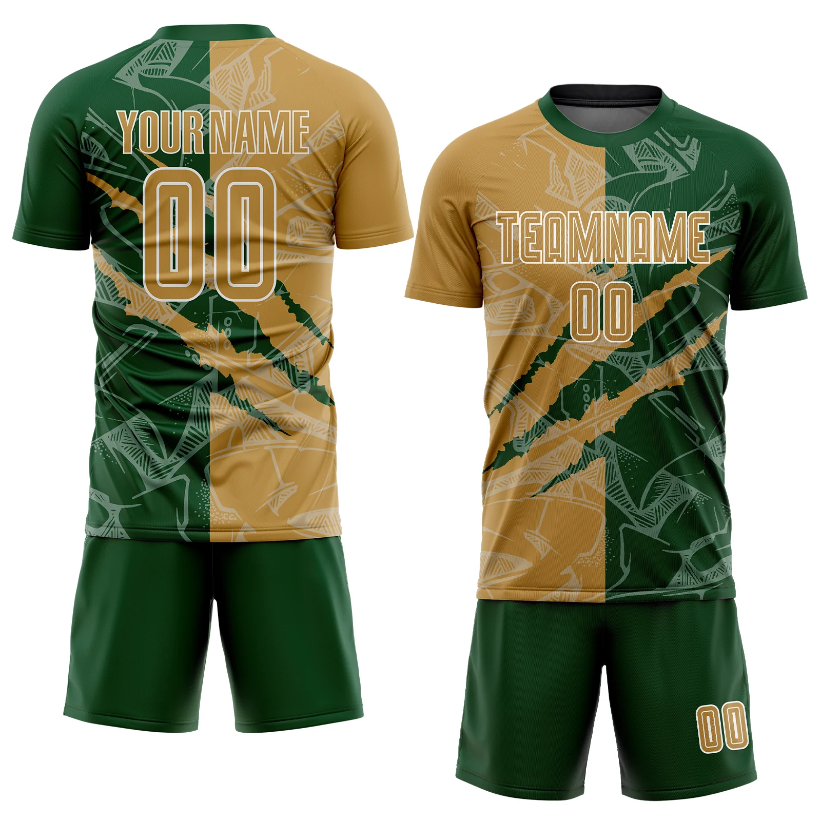 Custom Graffiti Pattern Old Gold-Green Scratch Sublimation Soccer Uniform Jersey - Image 2