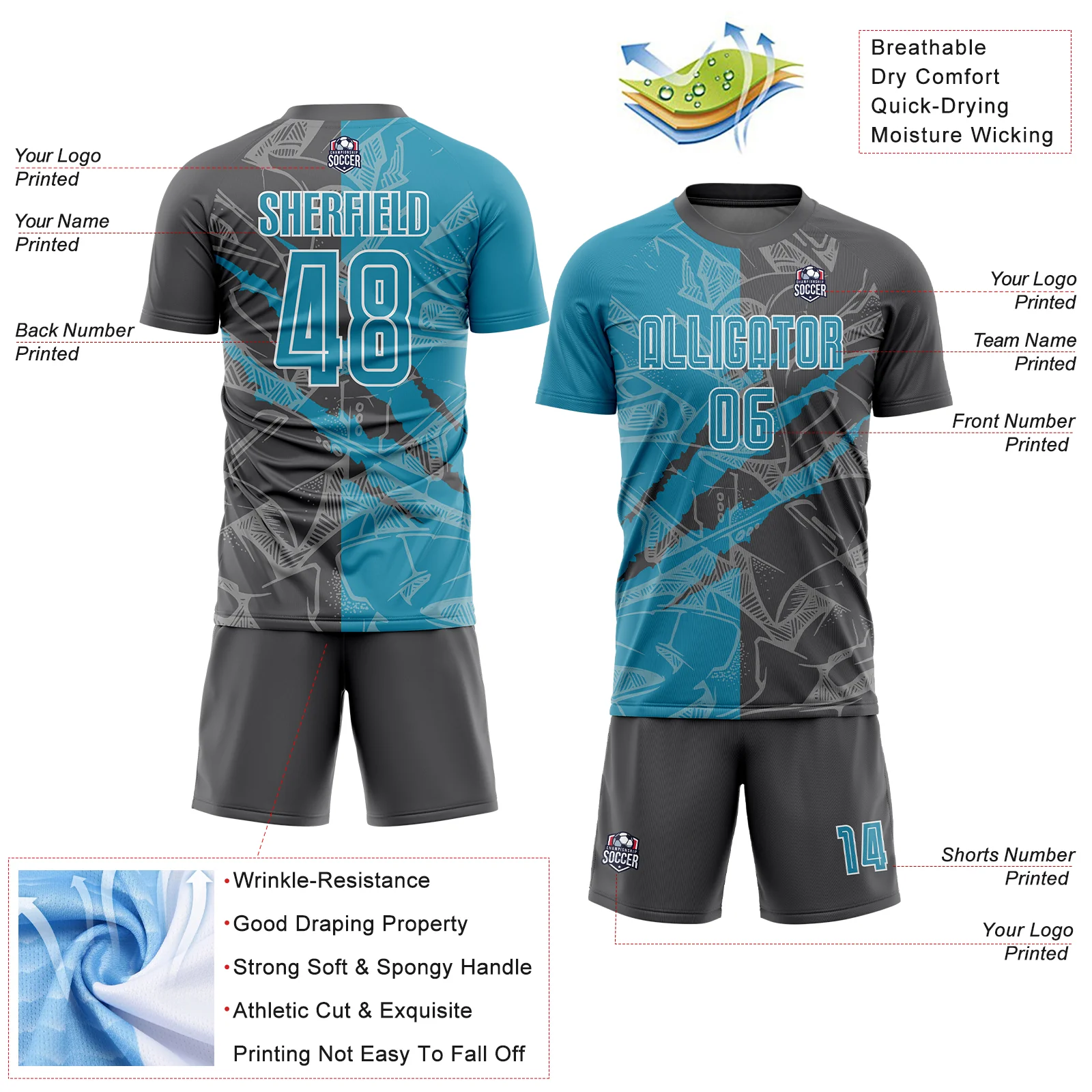 Custom Graffiti Pattern Panther Blue-Steel Gray Scratch Sublimation Soccer Uniform Jersey - Image 4