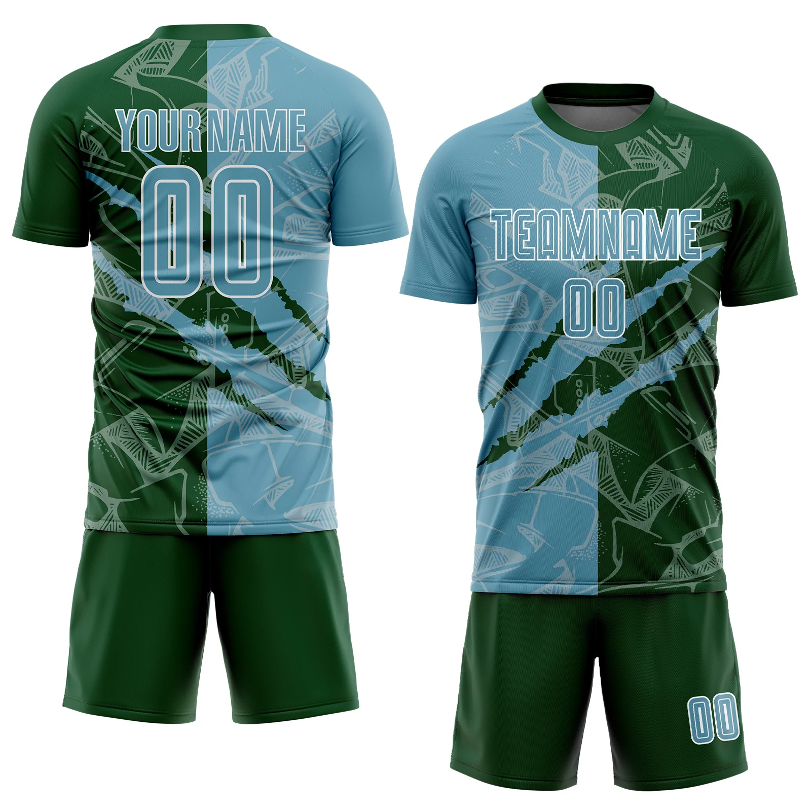 Custom Graffiti Pattern Shadow Blue-Green Scratch Sublimation Soccer Uniform Jersey - Image 2