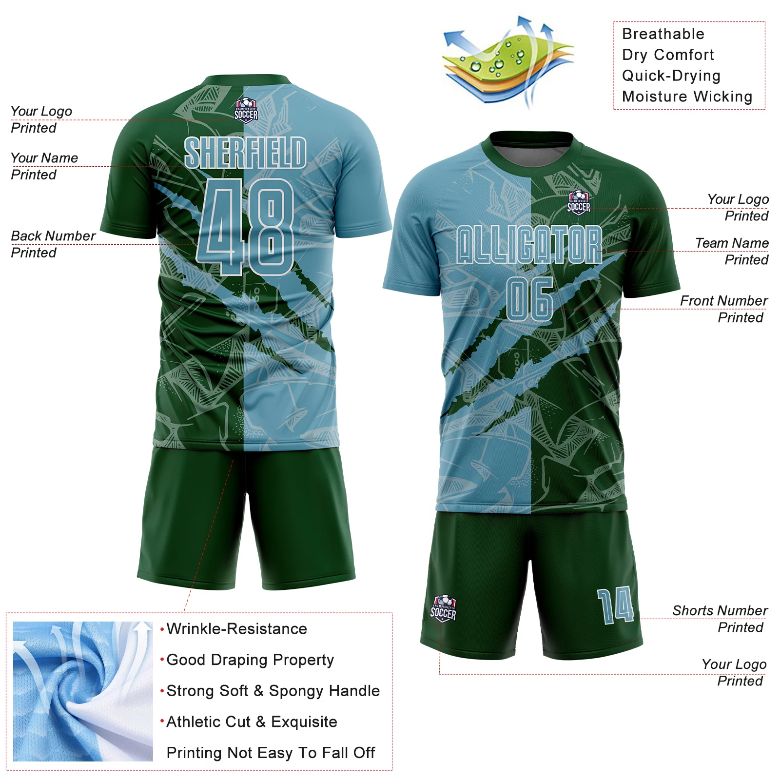 Custom Graffiti Pattern Shadow Blue-Green Scratch Sublimation Soccer Uniform Jersey - Image 4