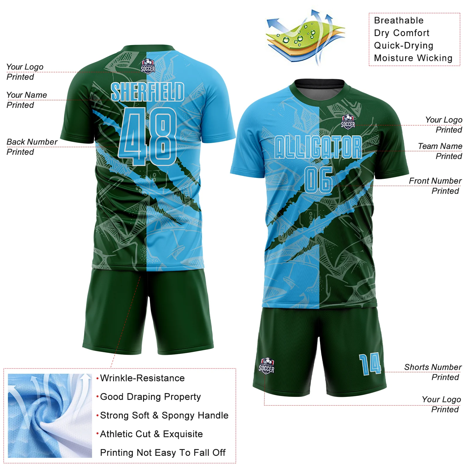 Custom Graffiti Pattern Sky Blue-Green Scratch Sublimation Soccer Uniform Jersey - Image 4