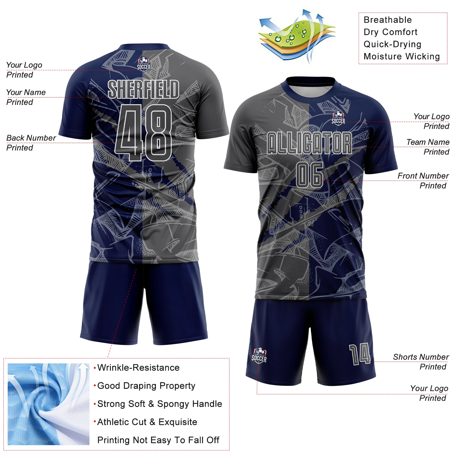 Custom Graffiti Pattern Steel Gray-Navy Scratch Sublimation Soccer Uniform Jersey - Image 4