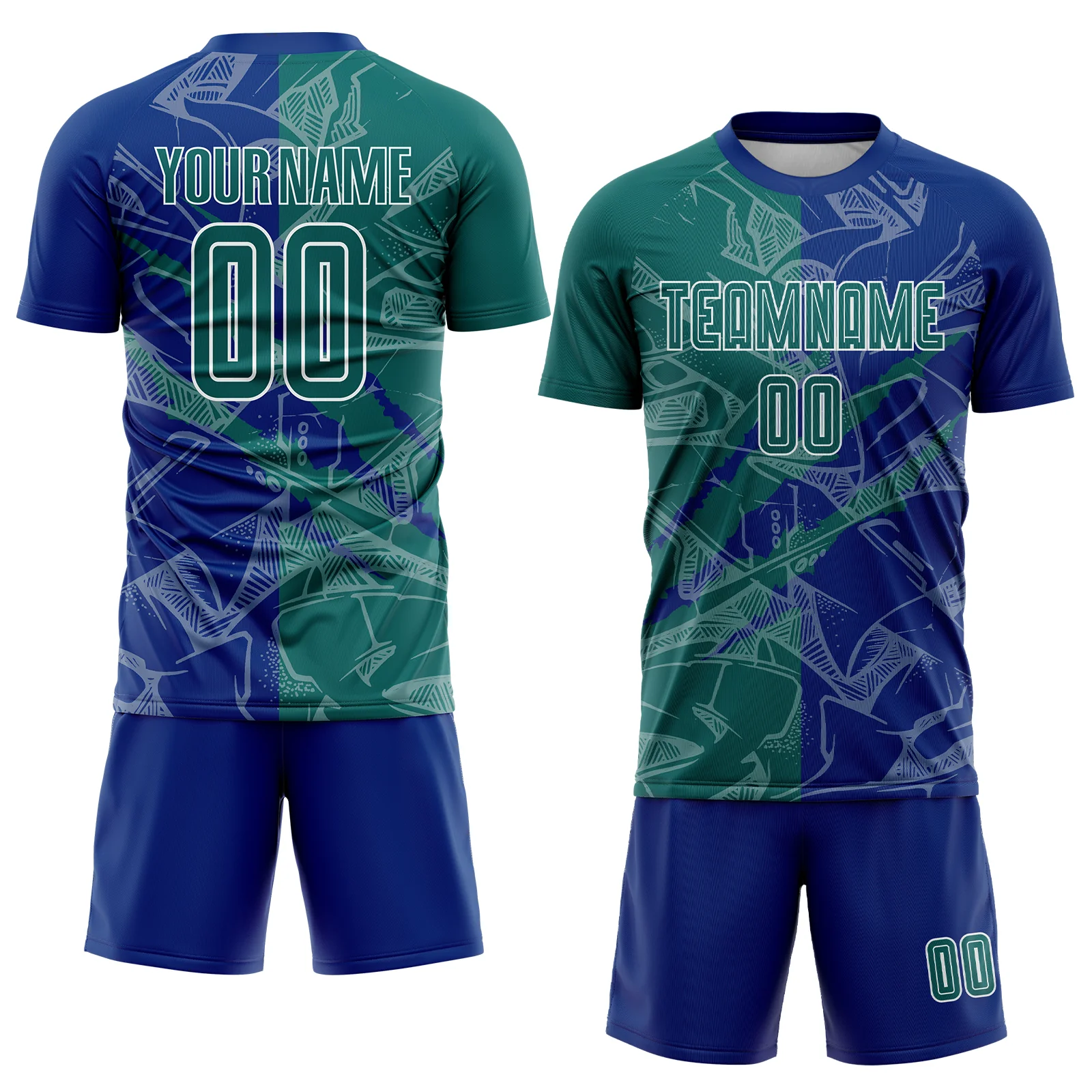 Custom Graffiti Pattern Teal-Royal Scratch Sublimation Soccer Uniform Jersey - Image 2