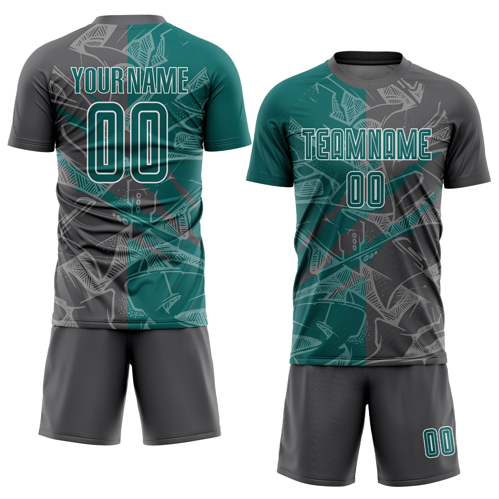 Custom Graffiti Pattern Teal-Steel Gray Scratch Sublimation Soccer Uniform Jersey - Image 2