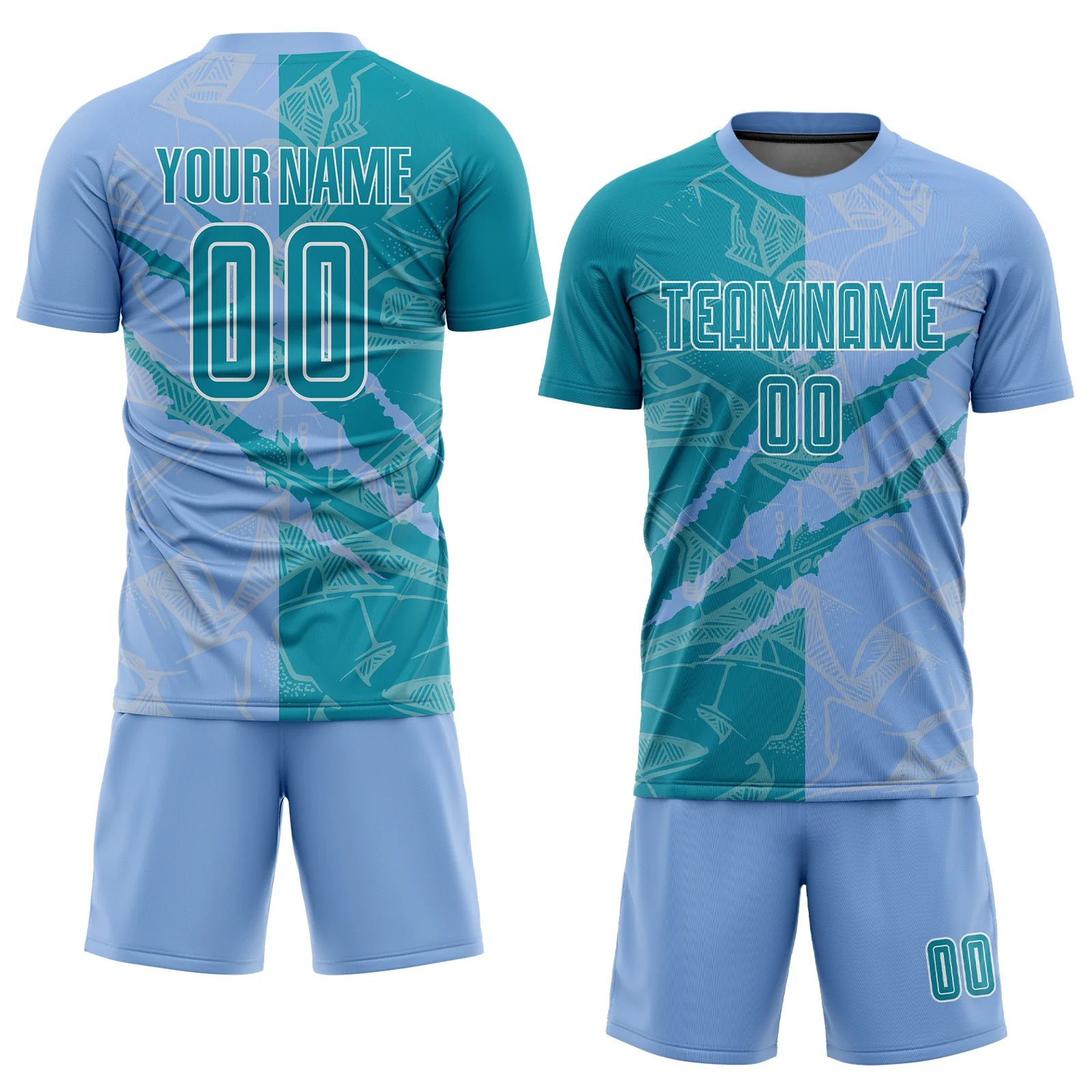 Custom Graffiti Pattern Teal-Light Blue Scratch Sublimation Soccer Uniform Jersey - Image 2