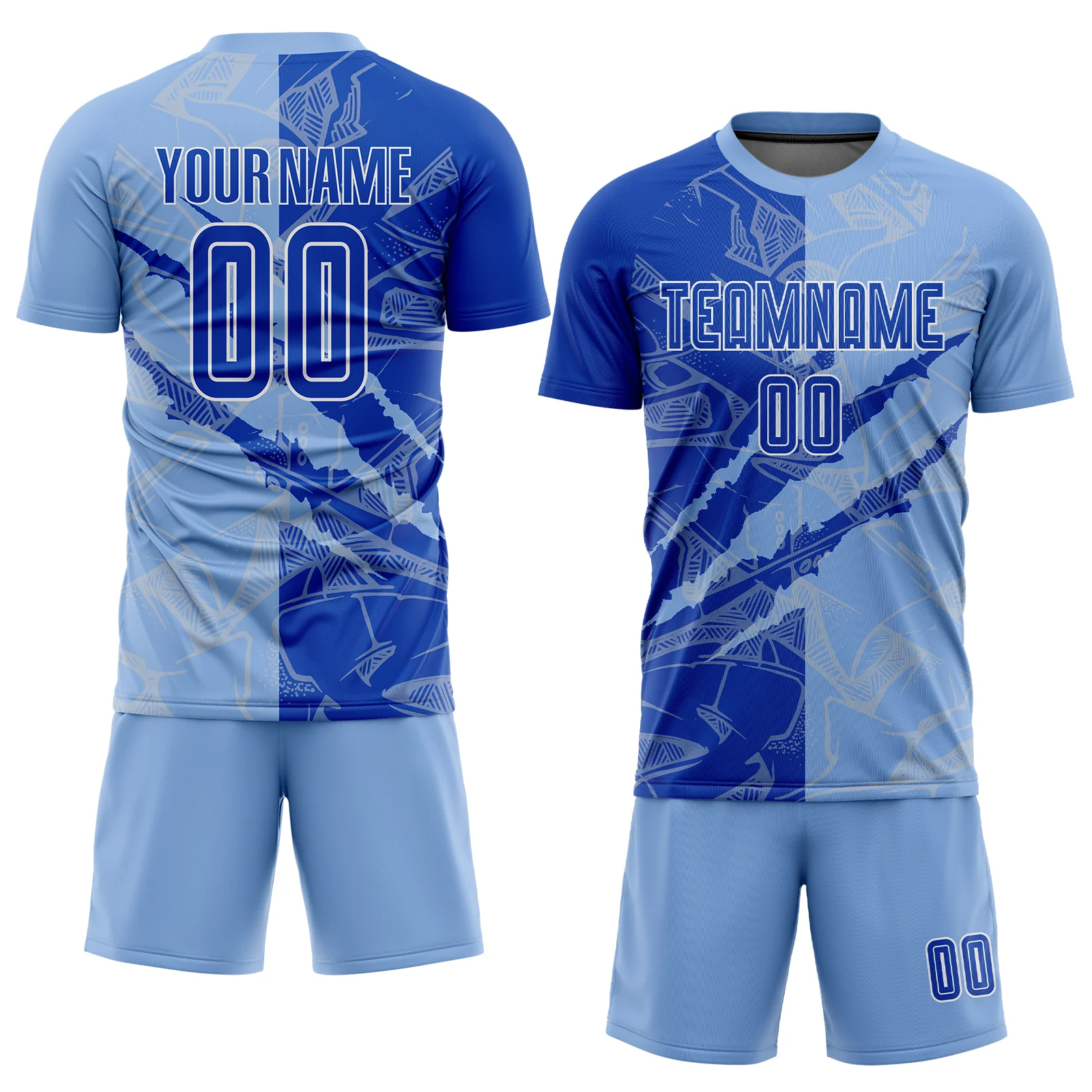 Custom Graffiti Pattern Thunder Blue-Light Blue Scratch Sublimation Soccer Uniform Jersey - Image 2