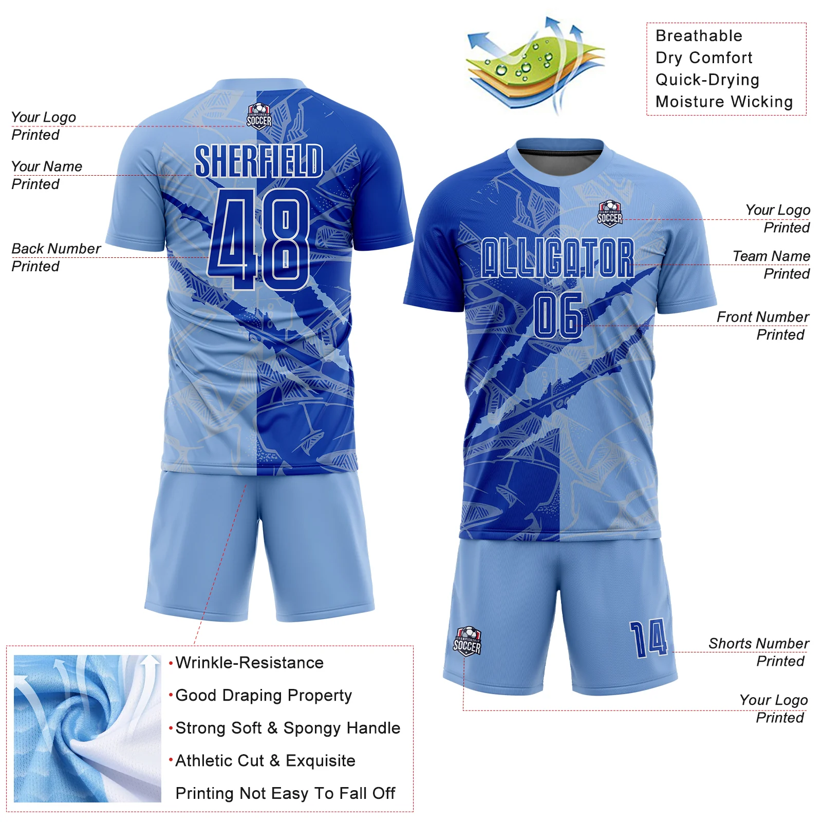 Custom Graffiti Pattern Thunder Blue-Light Blue Scratch Sublimation Soccer Uniform Jersey - Image 4