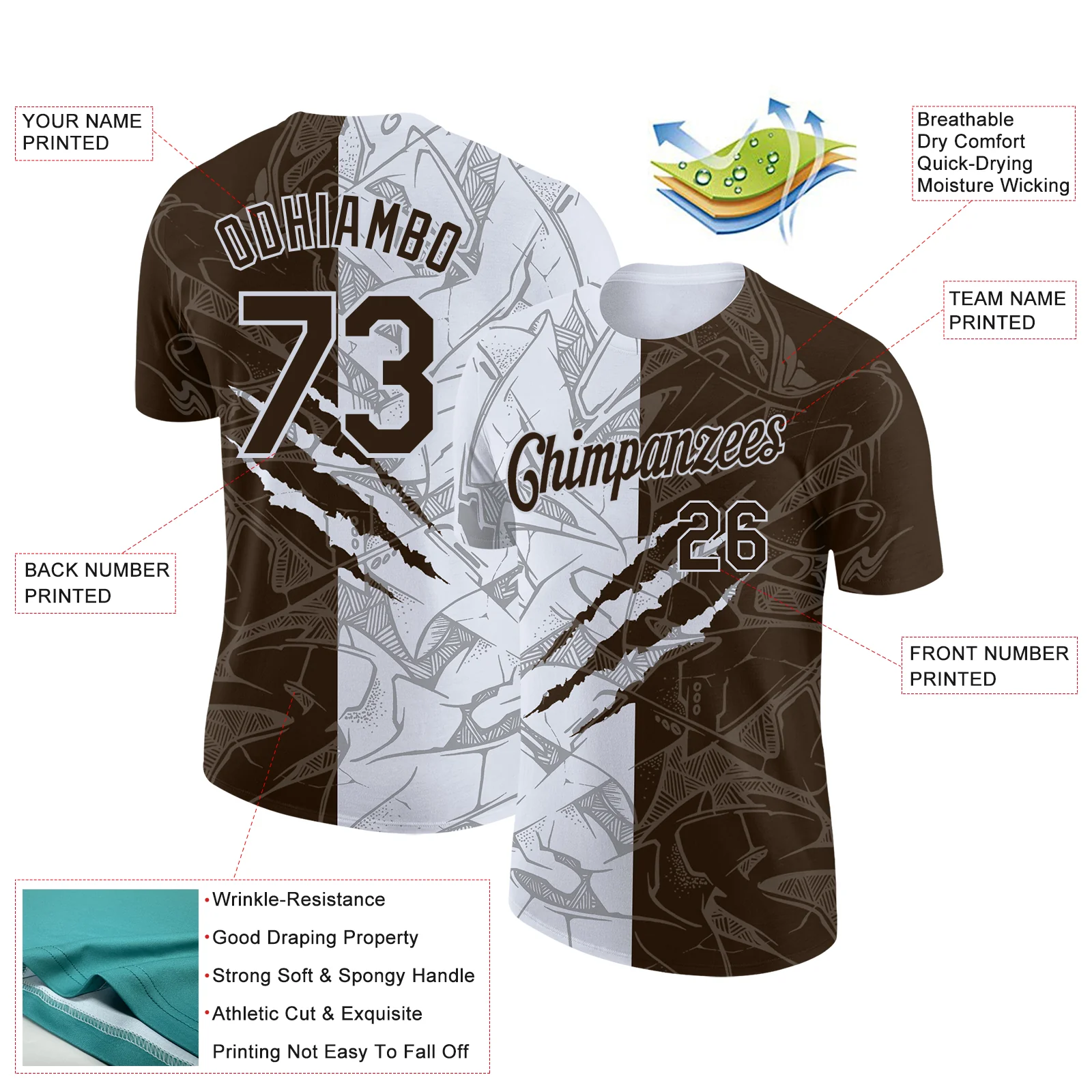 Custom Graffiti Pattern Brown-White Scratch 3D Performance T-Shirt - Image 2