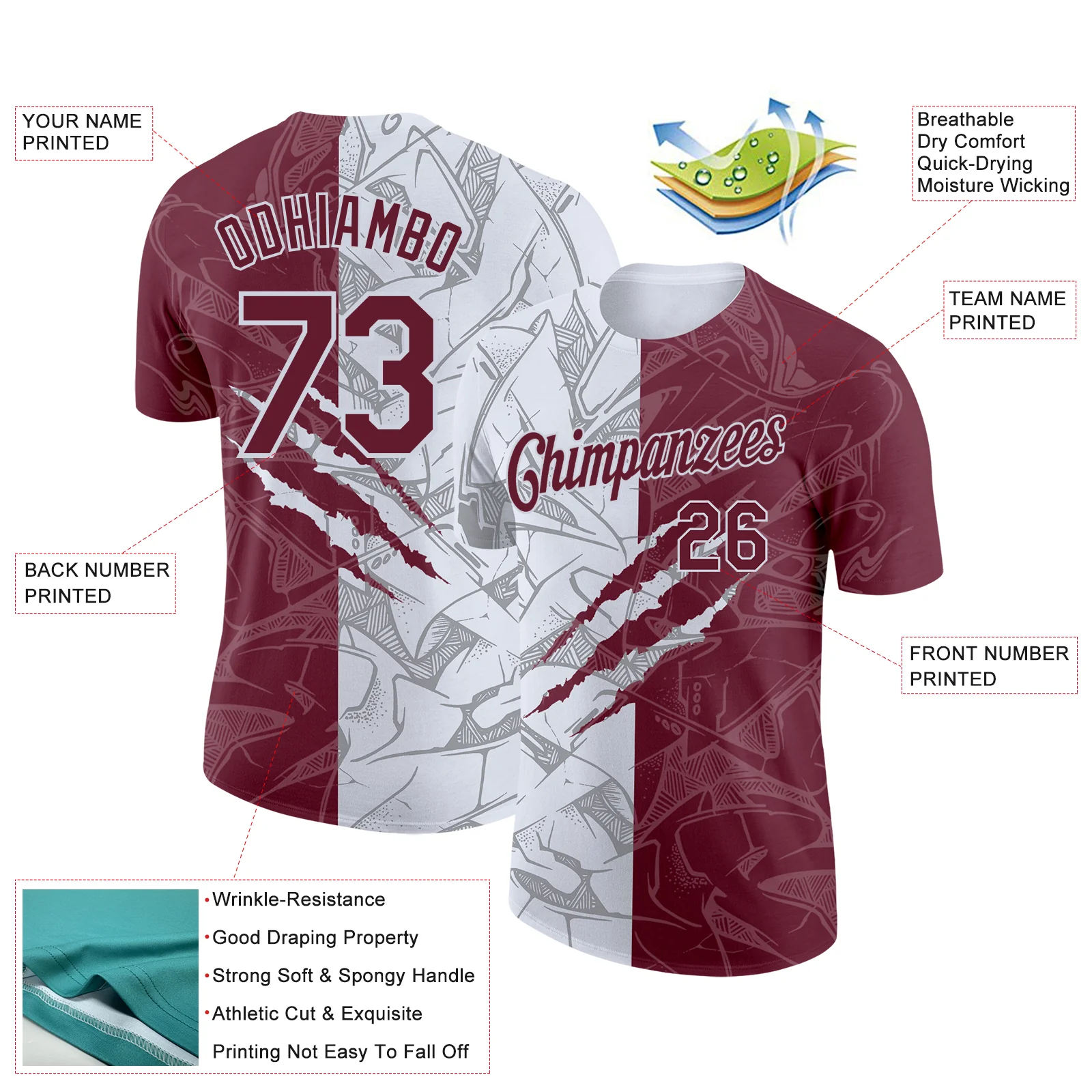Custom Graffiti Pattern Burgundy-White Scratch 3D Performance T-Shirt - Image 2