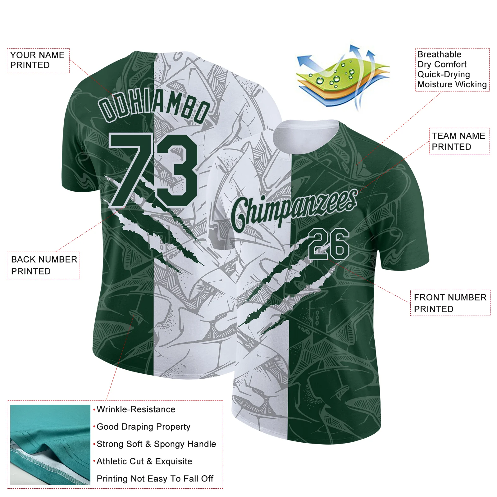 Custom Graffiti Pattern Green-White Scratch 3D Performance T-Shirt - Image 2